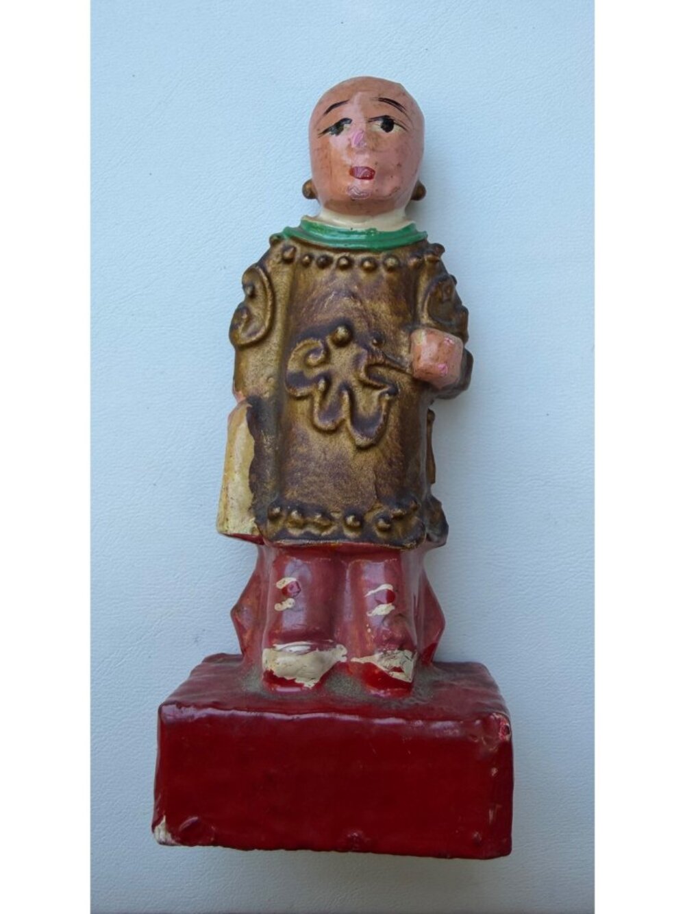 Chinese Hand-Painted Vintage Carved Wooden Figurine With Red Base